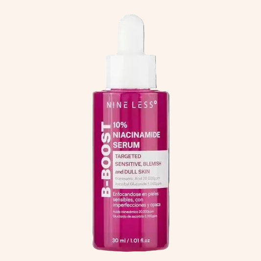 Nine Less B-Boost 10% Niacinamide Serum bottle on a see through 
background